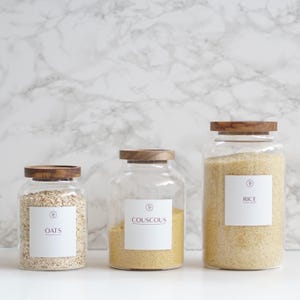 Glass Pantry Jars with Bamboo Lids: Minimalist Food Storage, Airtight Lid, Free Custom Label