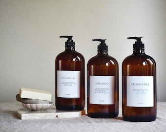 Grandes bouteilles en verre ambré avec pompe distributrice | Shampooing, revitalisant, flacon de gel douche | Bouteilles de salle de bains rechargeables | Respectueux de l'environnement