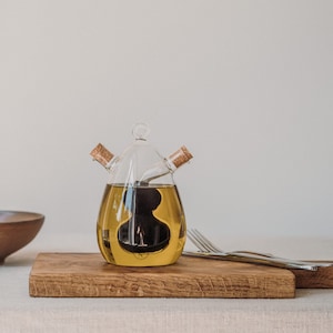 Glass Oil and Vinegar Cruet | Dual Chamber Olive Oil Dispenser | Cork Stopper Kitchen Storage | Housewarming Gift