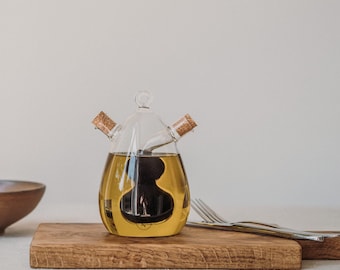 Glass Oil and Vinegar Cruet | Dual Chamber Olive Oil Dispenser | Cork Stopper Kitchen Storage | Housewarming Gift