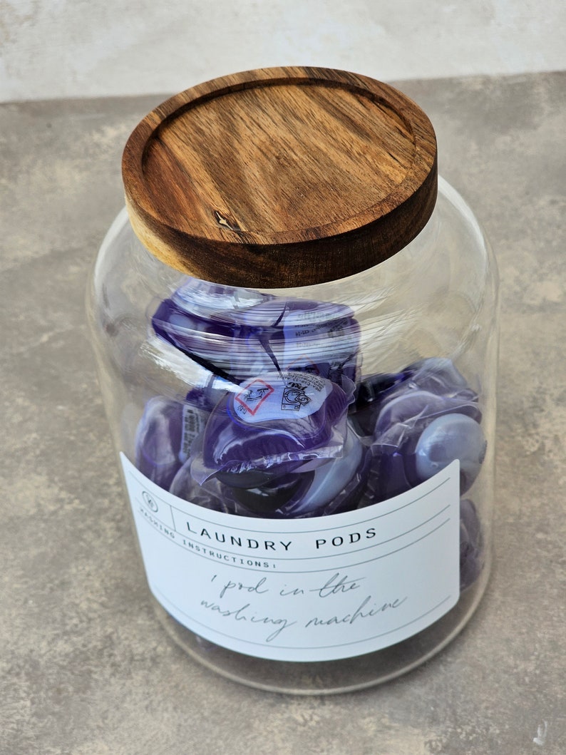 Laundry Pods Jar With Wooden Airtight Lid, 1.2L Laundry Pod, Customisable Laundry Bottle, Laundry Housewarming Gift, Refillable Glass Jars 画像 7