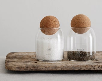 Salt Pepper Cork Ball Lid Jars, Salt And Pepper Pinch Pots, Kitchen Seasoning Decor, Housewarming Gift, Unique Home Gift, Chef Gift