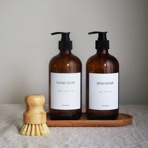 Glass Kitchen Soap Bottle Dispenser Set - Tray And Wooden Scrub Brush, Kitchen Cleaning Set, Waterproof Labels, Hand Soap Dish Soap