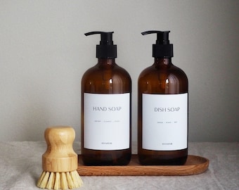 Glass Kitchen Soap Bottle Dispenser Set - Tray And Wooden Scrub Brush, Kitchen Cleaning Set, Waterproof Labels, Hand Soap Dish Soap