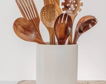 Wooden Utensil Set, 7 Piece Kitchen Utensil Set, Teak Wood Cooking Set, Heat Resistant Kitchen Utensils, Cooking Essentials, Eco Friendly