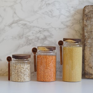 Kitchen Glass Jar with Acacia Lid and Spoon, Pantry Storage Jar, Pantry Storage, Home Decor, Pantry Organization, Housewarming Present