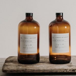 Botella de detergente líquido suavizante de telas de vidrio ámbar, etiquetas personalizables, botellas rellenables.