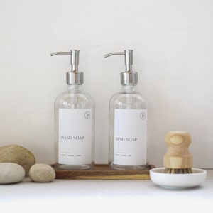Glass Hand Soap Dish Soap Dispenser Set with Brush and Wooden Tray, Kitchen Sink Cleaning Bundle Set, Housewarming Gift, Handwash Refill