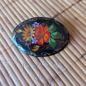 Vintage Hand-painted with Red Roses Russian Black Lacquer Oval Brooch