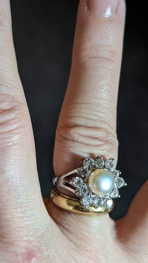 Vintage Pearl with CZ Rhodium Plated Ring - image 2