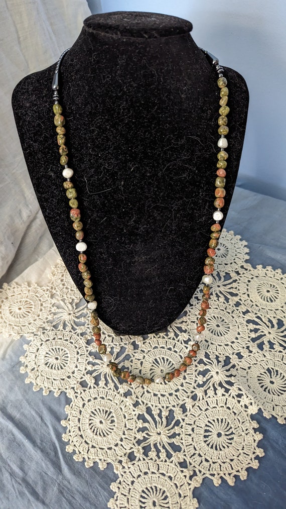 Vintage Unakite, Freshwater Pearl & Hematite Beade