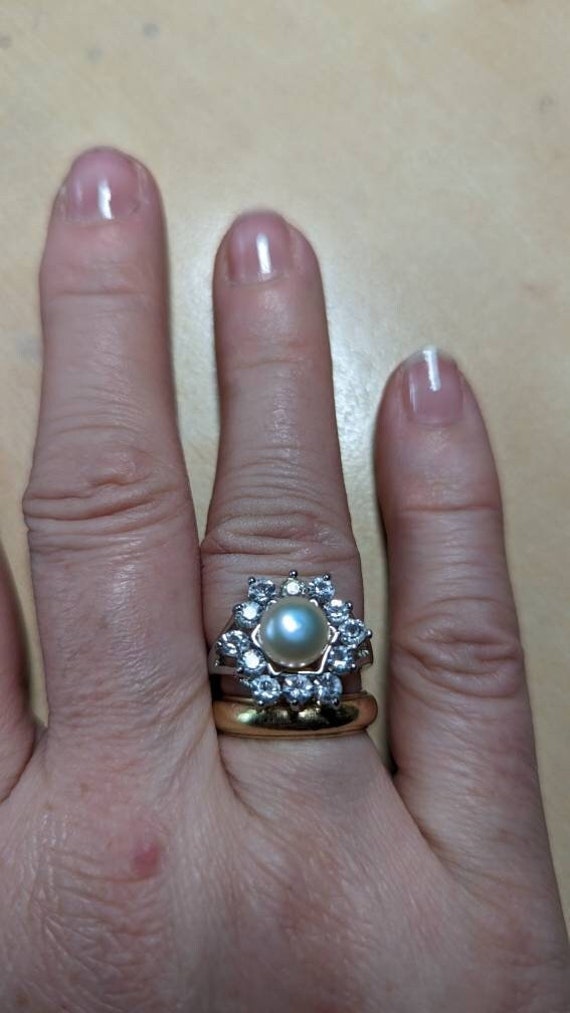 Vintage Pearl with CZ Rhodium Plated Ring - image 1