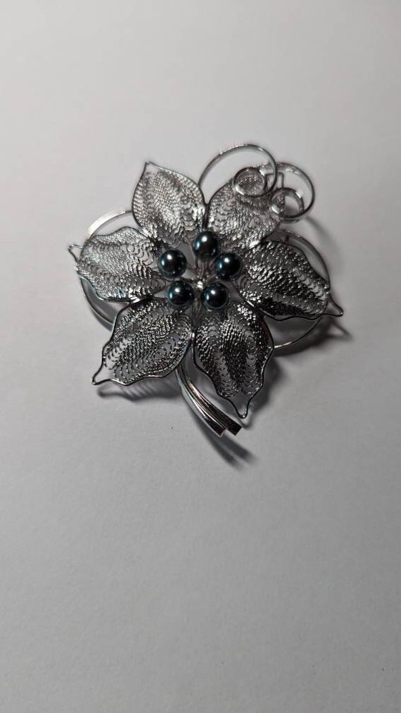 Vintage Silver Tone Filigree Flower with Grey Faux