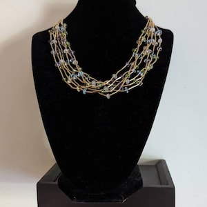Vintage Signed Monet Gold Tone Seven Strand Pastel Crystal Station Necklace