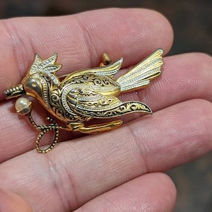 Vintage Damascene Bird with a Faux Pearl Brooch