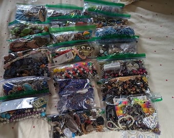 May include: A collection of 18 clear plastic bags filled with various colorful beads, charms, and other jewelry making supplies. The bags are arranged in a row on a white surface.