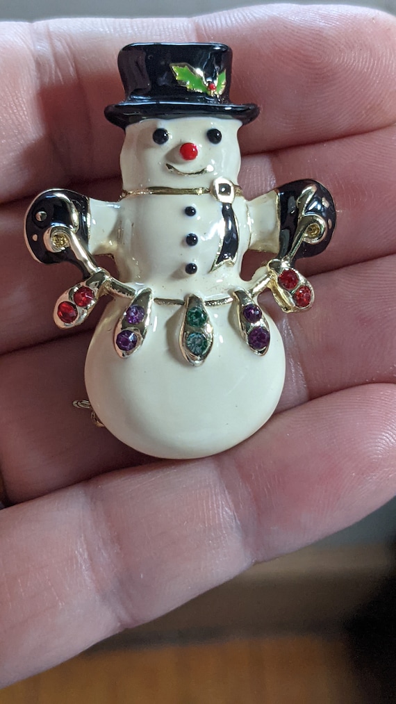 Snowman Holding Christmas Lights Brooch - image 4