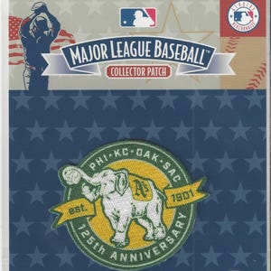 May include: A Major League Baseball collector patch featuring the Oakland Athletics logo with an elephant, the text "125th Anniversary", and the text "Est. 1901". The packaging includes the MLB logo and a baseball.