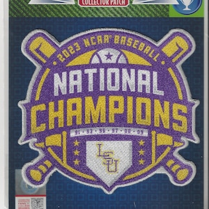 May include: A purple and gold embroidered patch with the text "2023 NCAA Baseball National Champions" and the LSU logo. The patch has five stars and the years "91, 93, 96, 97, 00, 09" printed below the logo.