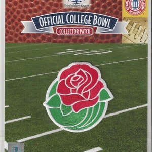 May include: A red rose with green leaves, embroidered on a white patch. The patch is labeled "Official College Bowl Collector Patch" and features the logo of "The Emblem Source".