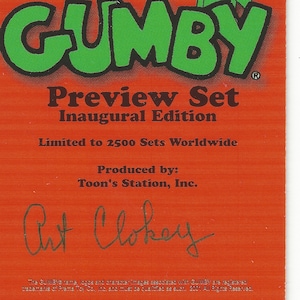 Art Clokey Ersteller von Gumby Handsigniertes Autogramm Vorschau-Set Rote Cover Karte 2001 Toon's Station Inc.