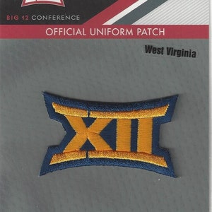 May include: A blue and gold embroidered patch with the Big 12 Conference logo. The patch is labeled "Official Uniform Patch" and "West Virginia".