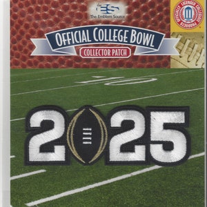 May include: A black and white embroidered patch with the numbers 2025 and a gold football in the middle. The patch is on a green background with white lines. The text "OFFICIAL COLLEGE BOWL COLLECTOR PATCH" is above the patch.