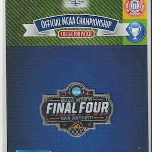 Op de afbeelding: Een blauw en wit patch met de tekst "2025 Men's Final Four San Antonio" en een basketbalafbeelding. De patch is gemarkeerd als een officiële NCAA Championship collector patch.