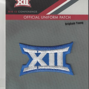 May include: A blue and white embroidered patch featuring the Big 12 Conference logo. The patch is labelled "Official Uniform Patch" and "Brigham Young".