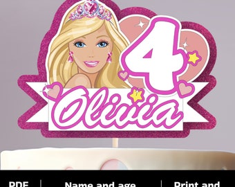 Print at home Princess Doll Glitter Cake Decoration Birthday Anniversary Personalized. Pink, 3D with name and number.