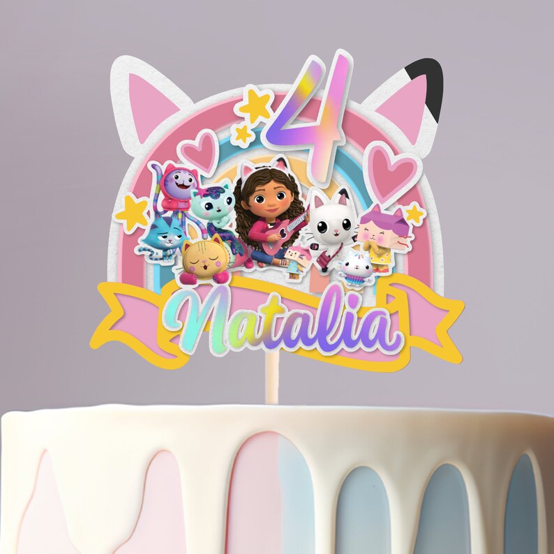 SVG PDF and PNG Print at home Gabby Dollhouse Birthday Cake Topper to Personalize. Pink, 3D. Cut on Cricut. zdjęcie 4