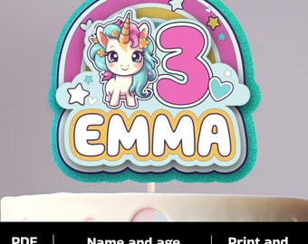 Print at home Glitter Unicorn Cake Topper Birthday Decoration Personalized. Rainbow, Blue, Pink, 3D with name and number.