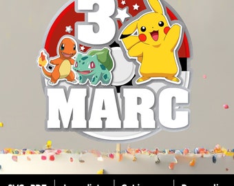 SVG PDF y PNG Imprime en casa Pokemon Decoración Pastel de Cumpleaños Aniversario para Personalizar. Rojo, 3D. Corte en Cricut.