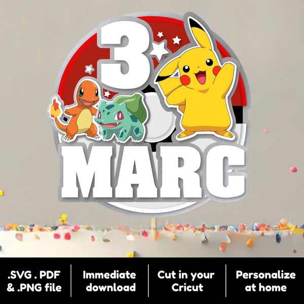 SVG PDF and PNG Print at home Pokemon Birthday Cake Topper to Personalize. Yellow, 3D. Cut on Cricut.