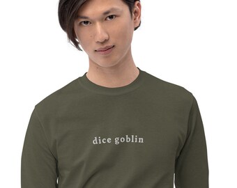 Camiseta minimalista de manga larga bordada con diseño de Goblin de dados / Regalo de D&D / Juego de rol de rol / Coleccionista de dados