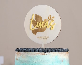 Cake Topper personalisiert zur Taufe, Kommunion oder Konfirmation aus Holz und Acrylglas "Friedenstaube"