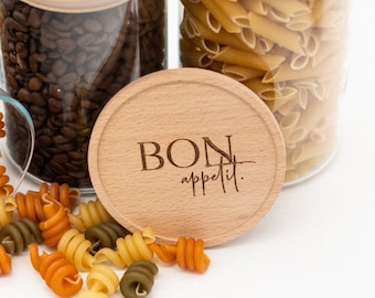 Voorraadpot met houten deksel voor keukendecoratie, housewarmingcadeaus BON APPETIT in verschillende maten