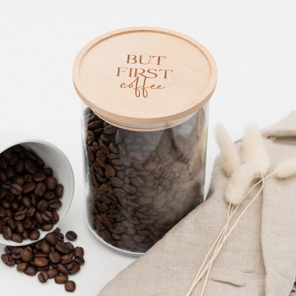 Kaffeedose luftdicht mit Holzdeckel, Vorratsglas, Geschenk Arbeitskollege/in | BUT FIRST COFFEE in versch. Größen