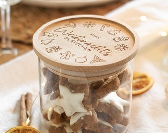 Keksdose personalisiert mit Namen und Holzdeckel als Geschenk zu Weihnachten | WEIHNACHTSPLÄTZCHEN