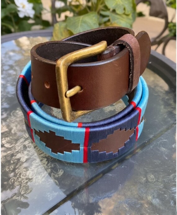 Argentine Leather Hand Embroidered Polo Belt Argentina Polo Leather Belt Hand Braided Red Cream Blue Polo  main image 3