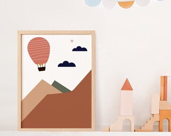 Printable Nursery Wall art of a Pink Hot Air Balloon, Nursery Wall Art, Mid-century Modern Nursery Print, Minimalist Wall Art, Boho Nursery