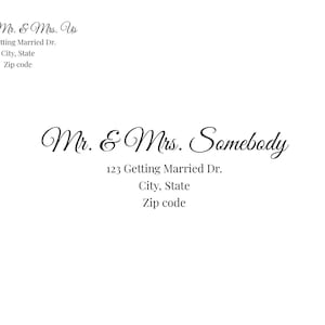 May include: A white card featuring black calligraphy. The text includes "Future Mr. & Mrs. Us" and "Mr. & Mrs. Somebody", plus address details. Suitable for wedding invitations or announcements.