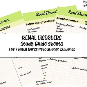 May include: A printable study guide for family nurse practitioner students on renal disorders. The guide includes information on acute pyelonephritis, bladder cancer, and acute kidney injury. It also includes a section on laboratory testing.