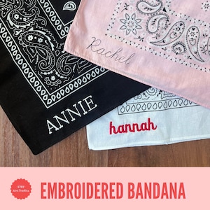 three different colored bandanas with different names embroidered on them