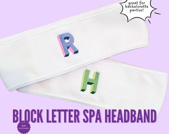 Block Letter Embroidered Spa Headband | Personalized Terry Cloth Face Wash Wrap | Bridesmaid Gift