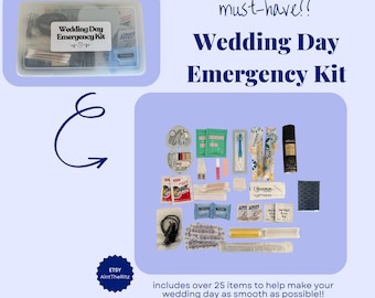 May include: A clear plastic Wedding Day Emergency Kit, measuring 8.5" x 5.13" x 2.0", with over 25 items. The kit includes a variety of small items, such as a sewing kit, stain remover, and a toothbrush. The text "Wedding Day Emergency Kit" is displayed.