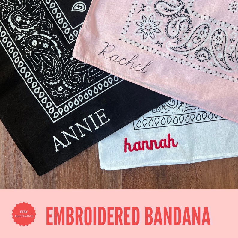 three different colored bandanas with different names embroidered on them