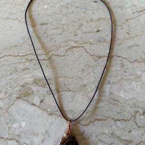 Puede incluir: Collar con colgante en forma de l&aacute;grima con un amonita fosilizada pulida. El colgante es marr&oacute;n y crema, con un patr&oacute;n en espiral. El collar tiene un cord&oacute;n marr&oacute;n oscuro y alambre de cobre.