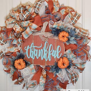 Autumn wreath, fall wreath, pumpkin wreath, thankful wreath, orange, teal, holiday, Front Door Decor, 25&quot; round, 7&quot; wide, yourdecoreandmore