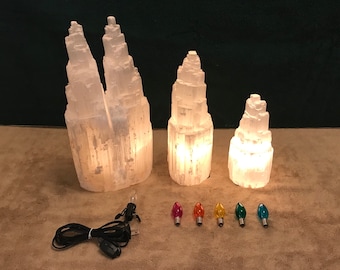 Natural Selenite Crystal Lamps with Power Cord and Incandescent Bulb - Post 530